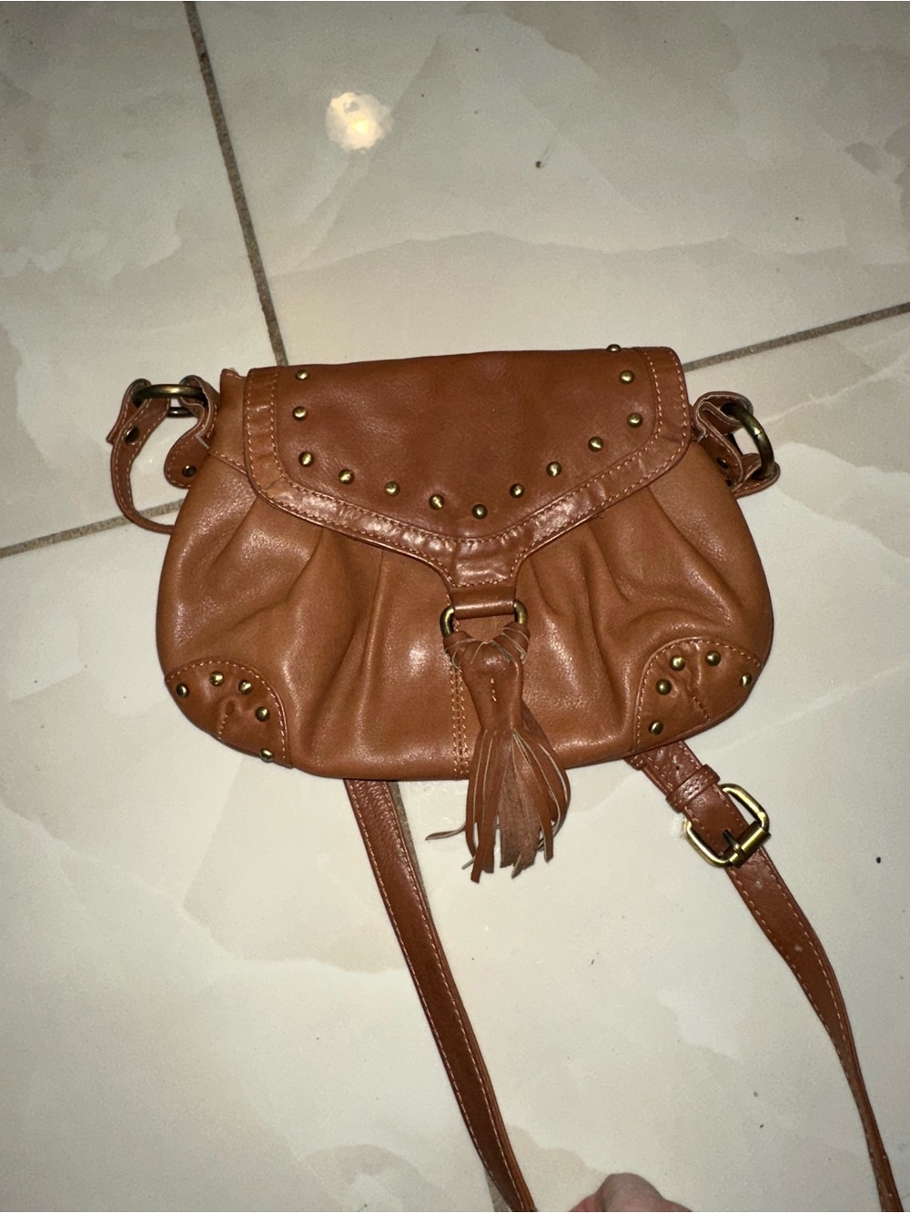 Aldo Tan Leather Mini Crossbody with Tassel and Studs - Picture 2 of 8